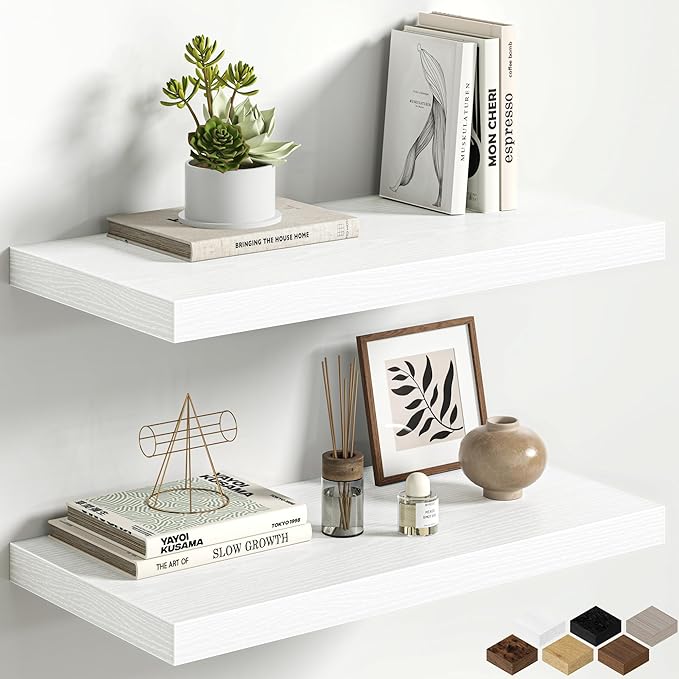 White Floating Shelves for Wall, 24 Inch Floating Shelves Set of 2, Wall Mounted Rustic Wood Shelf for Bathroom, Living Room, Bedroom and Kitchen, Hanging Shelf for Storage, Books, Home Decor