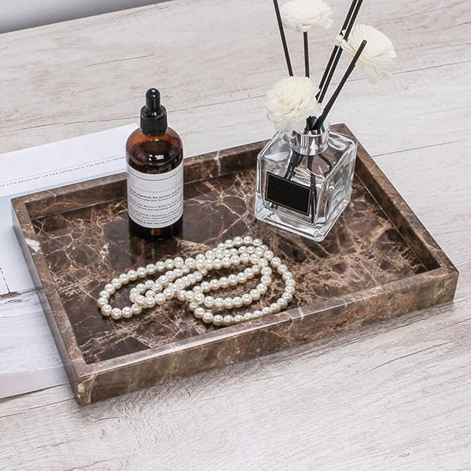 Natural Marble Storage Vanity Tray, Cosmetics Jewelery Tray, Kitchen Organizer, Coffee Table Tray (Coffee Net, 11.8L x 7.87W x 1.18H)