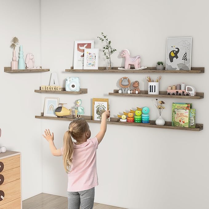 FLYJOE Picture Ledge Shelf, Floating Shelves Set of 2, 72 Inches Long Large Nursery Book Shelves for Toys Storage, Kids Bookshelf Wall Mounted for Living Room Bedroom Decor Books Photo Frames,Grey