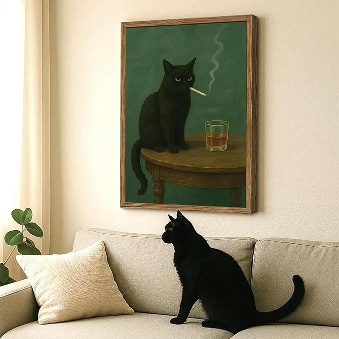 Moody Black Cat Wall Art, Funny Smoking Cat with Whiskey Wall Decor Painting Dark Humor Animal Bar Cart Poster Canvas Prints for Living Room Bedroom 16x24 inch Wood Framed