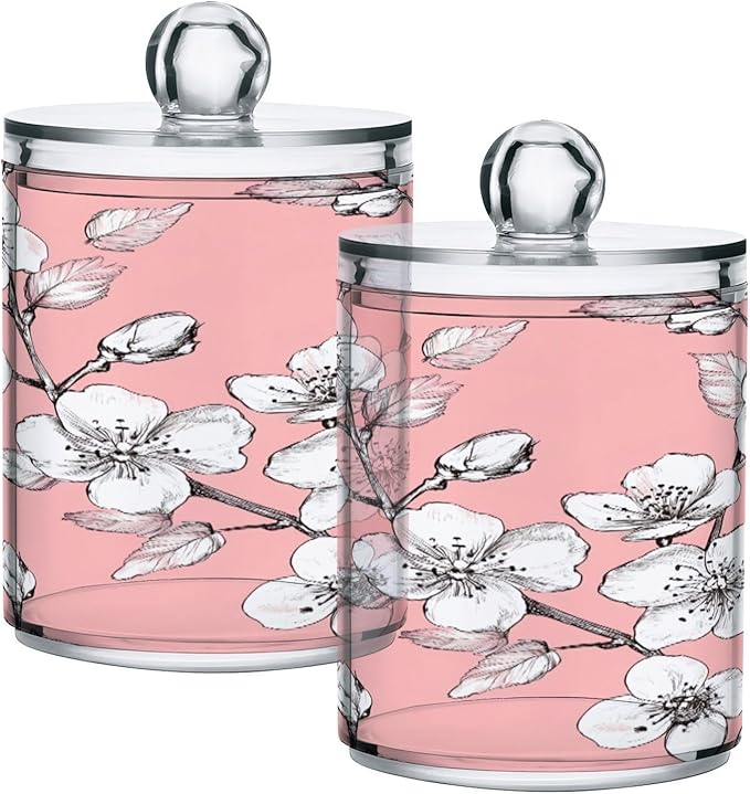 Nander 4Pack Beautiful Cherry Blossoms Qtip Holder Dispenser -Clear Plastic Apothecary Jars Set - Restroom Bathroom Makeup Organizers Containers for Cotton Swab, Ball, Pads, Floss