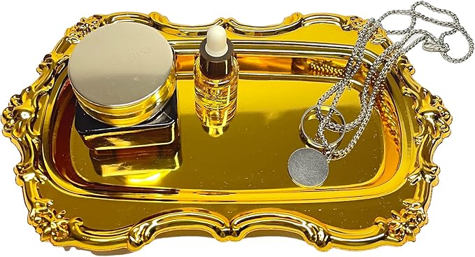 Gold Decorative Tray Vintage Perfume and Makeup Organizer, 7.87” x 4.84” Jewelry Organizer Bathroom Trays Jewelry Display,Vintage Carving Decor Home (Rectangle-Gold)