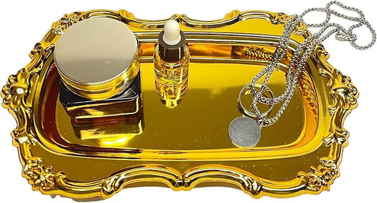 Gold Decorative Tray Vintage Perfume and Makeup Organizer, 7.87” x 4.84” Jewelry Organizer Bathroom Trays Jewelry Display,Vintage Carving Decor Home (Rectangle-Gold)