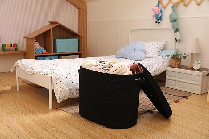 22"x14"x18" Rectangular Extra Large Storage Basket With Lid, Large Cotton Rope Storage Basket, Woven Laundry Hamper, Cloth Storage Bin, for Clothes Towels Blankets in Living Room, All Black
