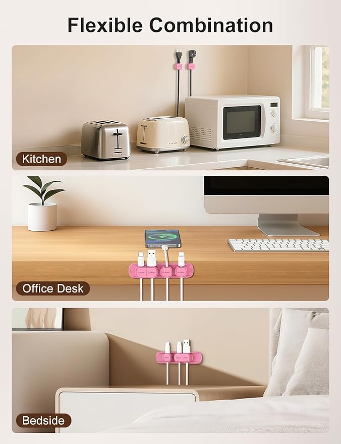 6 Pack Magnetic Cable Clips [1s Open/Lock], Laitver Cord Organizer Holder Strong Adhesive Desk Cable Management- Organize Charging Cords Neatly for Home, Office, Car,Desk, Nightstand-Rose Red