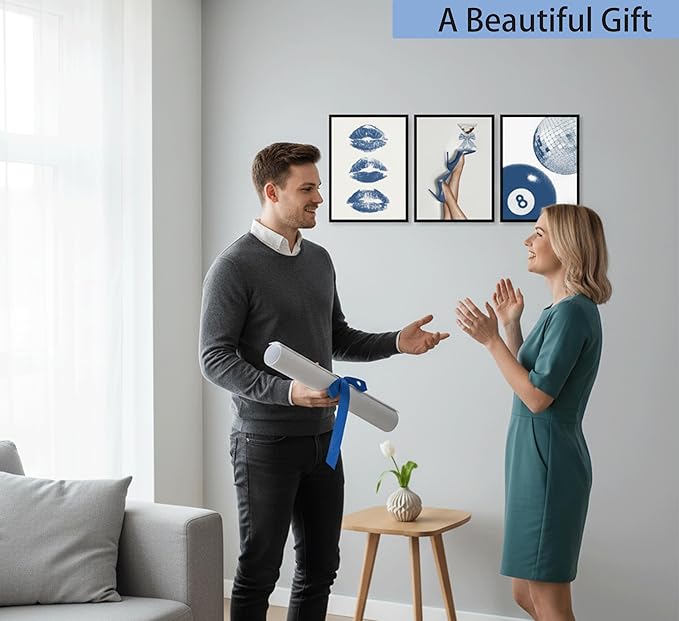 3Pcs BlueTrendy Aesthetic Canvas Wall Art,Fashion High-Heeled Shoe Print Posters,Lucky 8 Ball Lip Pictures,Y2K Stylish Wall Decor for Girls' Bedroom Dorm Apartment. 12x16in Framed