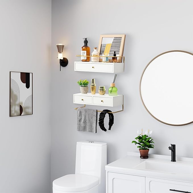 Dreampossible Floating Shelves With Drawers Set of 2, Wall Mounted Bathroom Storage, Rustic Wood Shelves for Bedroom, Living Room, Kitchen, Home Decor, Plants, Books (White)