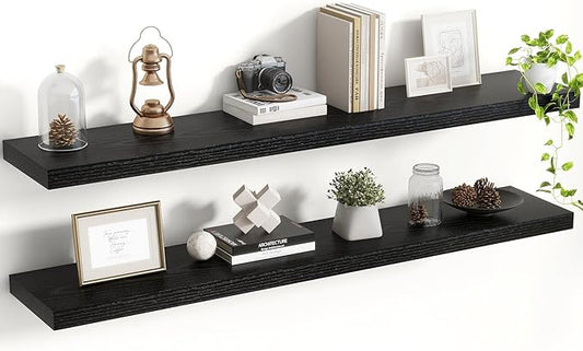 Acovy 48 Inch Floating Shelves, 8 Inch Deep Floating Shelves for Wall, Hanging Shelf with Invisible Brackets, Deep Shelves for Bathroom, Bedroom, Living Room, Black, Set of 2