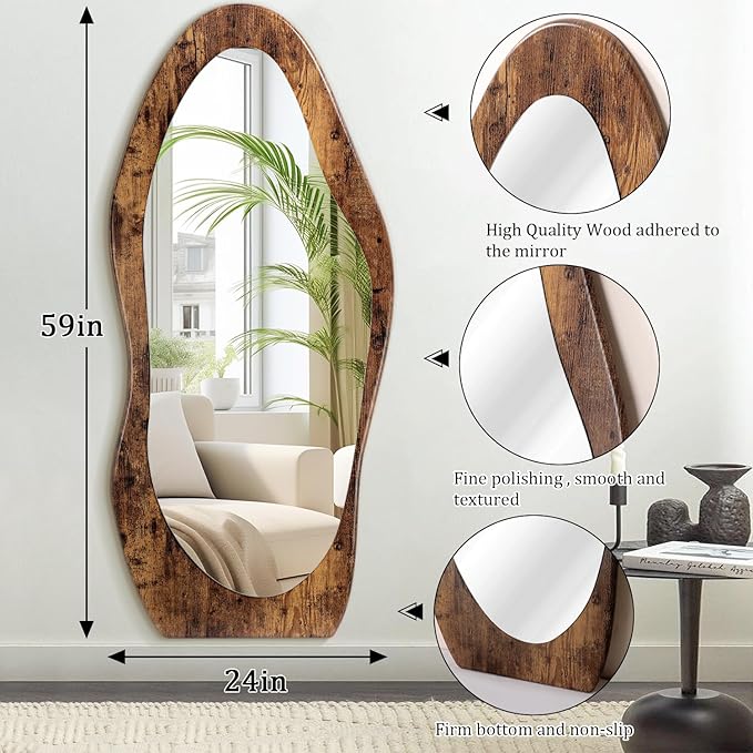 Full Length Mirror 59" x 24" Irregular Wall Mirrors Wood Framed Full Body Mirror Hanging or Leaning Against Wavy Floor Mirrors for Living Room Bedroom Entryway Bathroom Retro Brown
