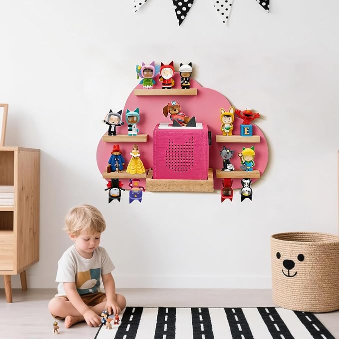 Cloud Toines Shelf, for TonieBox 1 and 2 Tonies Wall Floating Shelf Storage for 12-20 Toine Figures Characters Wall Shelf Magnetic for Tonies Toniebox, Charging Station, Kids Play Room (Pink 2)
