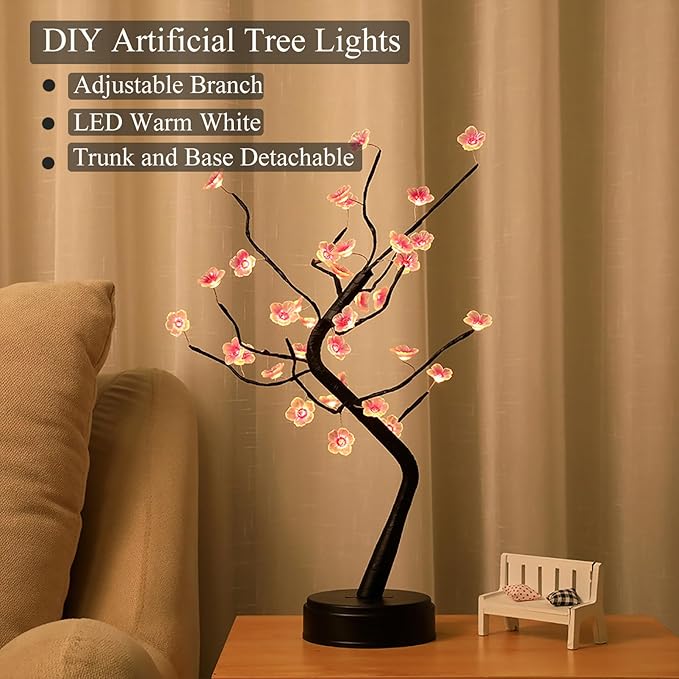PXBNIUYA 36 LED Cherry Blossom Sparkly Fairy Spirit Tree Lights, Twinkling Tree 3AA&USB Powered, Tabletop DIY Artificial Tree Lamp for Bedroom Christmas Indoor Room Decor Lights (Warm White)