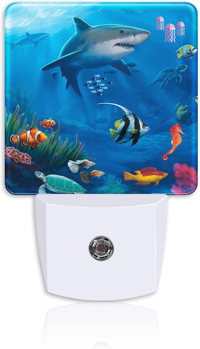 Tropical Underwater World Night Light,Shark Turtle Fish Jellyfish Plug-in Night Light Auto Dusk-to-Dawn Sensor Energy Efficient LED Lamp for Room Decor,Hallway,Kitchen,Bathroom,Nursery,Stairs