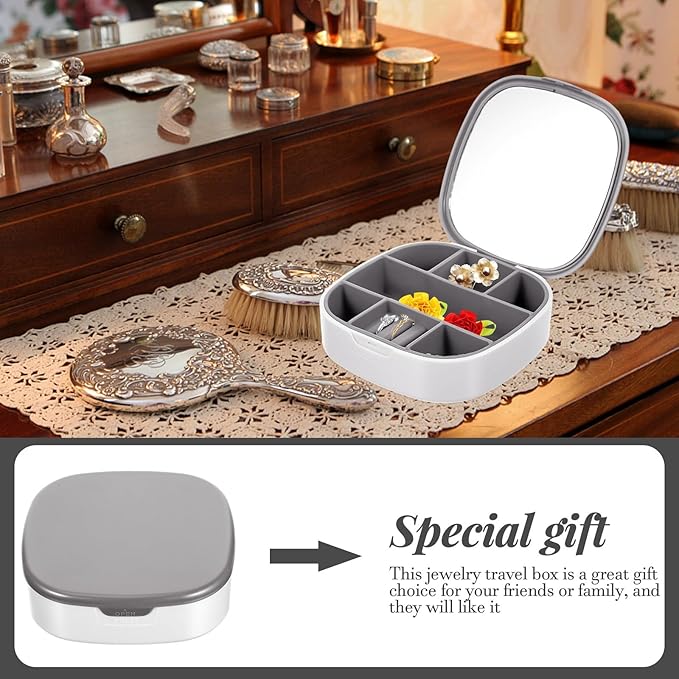 Baluue Travel Jewelry Box Organizer with Mirror, Portable Necklace Ring Earring Storage Case, Gray White Jewelry Display and Makeup Organizer for Outdoor Use