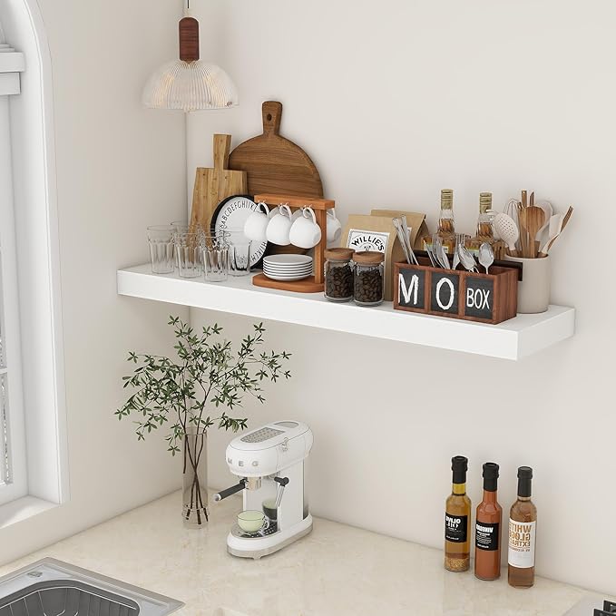 FLYJOE 48 Inch White Floating Shelf | 12 Inch Deep Floating Shelves Set of 1 | 48" D x 12" D Rustic Wood Shelves for Wall | Deep White Shelves for Living Room Bathroom Laundry Room Kitchen
