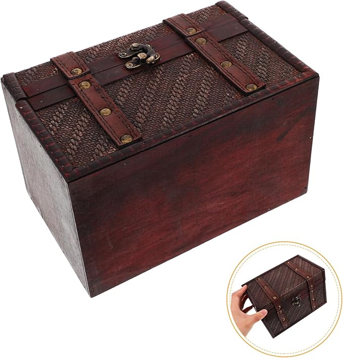 POPETPOP Wooden Jewelry Box with Woven Texture Vintage Keepsake Case Decorative Desktop Storage for Necklaces Bracelets Makeup Organizer Brown