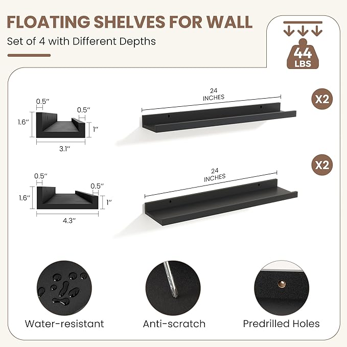 Fun Memories Picture Ledge Shelf, Black Floating Shelves Set of 4, 24 Inch Picture Shelves for Wall with Ledge, Large Nursery Book Shelf for Toys Storage, Living Room, Bedroom Decor Frames