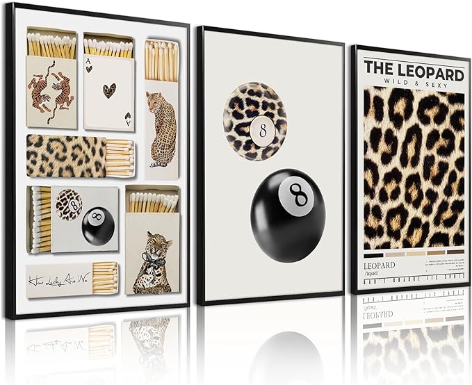 Trendy Leopard Wall Art Decor Cheetah Aesthetic Canvas Prints Preppy Cheetah Room Decor Poster Stylish Matchbox Wall Art Funky Y2k Pictures Lucky 8 Ball Artwork for Bedroom 16x24x3 Inch Unframed