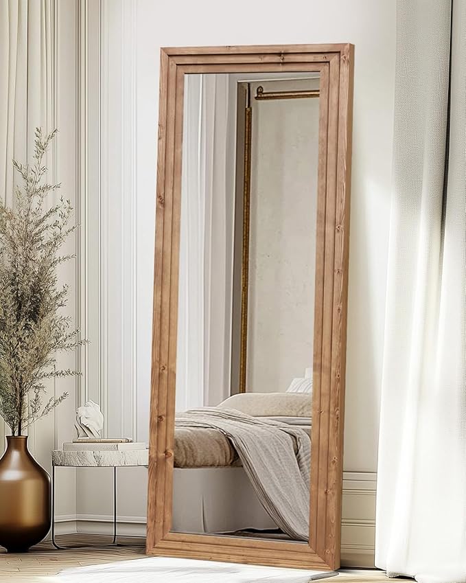 Full Length Mirror 65"x24" Solid Wood Frame Floor Large Mirror for Living Room, Bedroom Hanging or Leaning Wall-Mounted, Light Brown