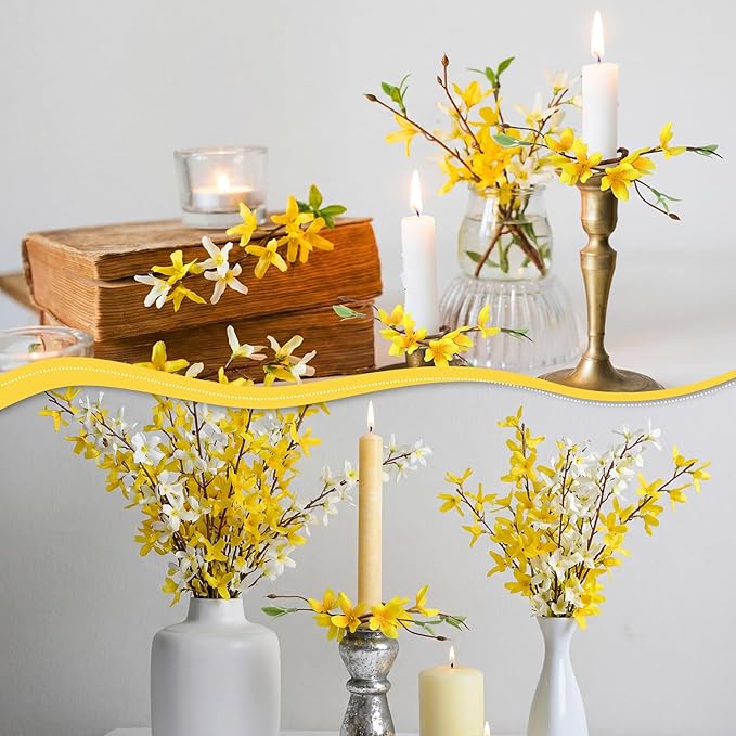 Daifunli 2 Pcs Spring Candle Rings Faux Forsythia Flower Candle Rings 1.25 Inch Artificial Silk Yellow Forsythia Flower Farmhouse Wreath Candles Holder for Spring Summer Rustic Table Centerpiece Decor