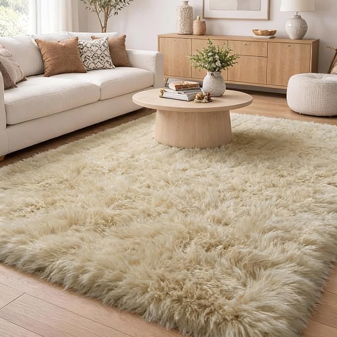 Amdrebio Beige Area Rugs for Living Room Bedroom, 6x9 Fluffy Plush Shag Furry Neutral Rug for Kids Room Decor Aesthetic, Soft Shaggy Fuzzy Cute Tan Carpet for Teens Baby Nursery Playroom Preppy Dorm