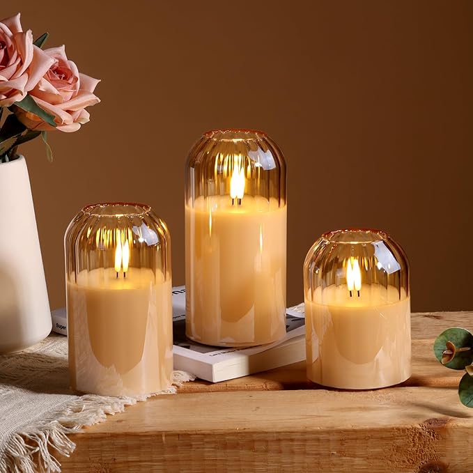 Gold Glass Flameless Candles with Remote, Real Wax Flickering Battery LED Pillar Candles Set of 3