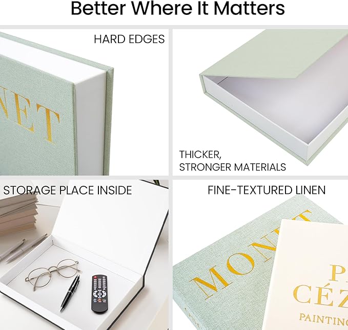 Aesthetic Decorative Books - Fake Books Storage Box for Decoration - Set of 2 Linen Coffee Table Decor - Photo Storage Keepsake Box for Room Bookshelf Decor, Sage