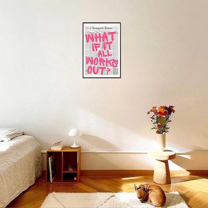 Drimiler Retro Newspaper Pink Font Poster What If It All Works Out Canvas Wall Art Positive Affirming Quote Minimalist Prints Painting For Home Bedroom Dorm Wall Decor 12x18in Framed
