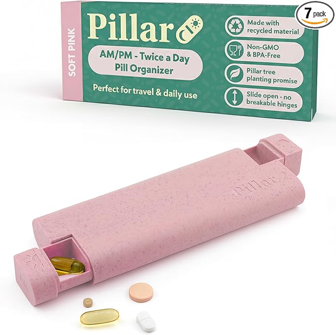 Pillar AM/PM Pill Box Organizer Two Times a Day | Aesthetic 7 Day Tablet Organizer 2 Times A Day | Beautiful Weekly Pill Box for Day and Night Medication (Soft Pink)