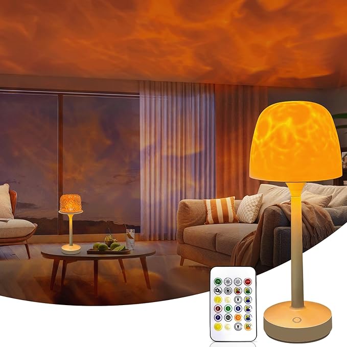 RGB Ocean Wave Projector, Rechargeable Table Lamps with Remote & Touch Control, Cordless LED Projector Light with 16 Color Changeable for Kitchen Counter Nightstand Desk Bathroom (White)