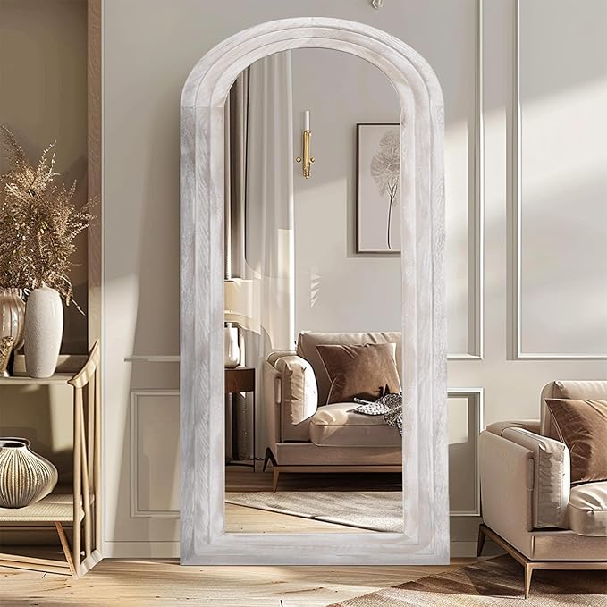 ZHUNFA Arched Full Length Mirror with Solid Wood Frame, 71x32 Farmhouse Wall Mirror Full Length with Stand, Vertical Hanging, Leaning Standing for Bedroom, Living Room, Rustic White