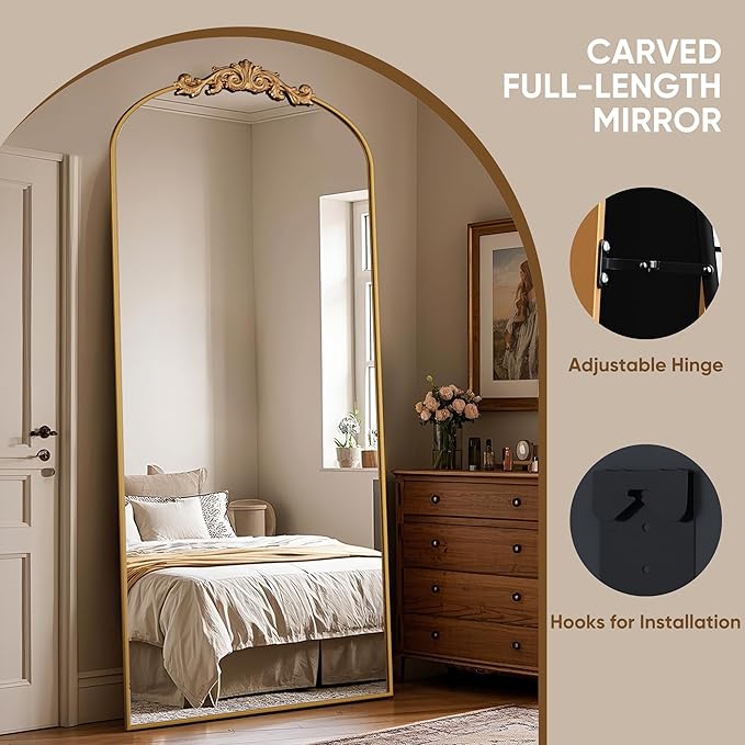 Antok Arched Full Length Mirror, 71"x32" Floor Mirror with Carved, Full Body Mirrors for HomeDecor, Standing/Halling Large Wall Mirror for Bedroom, Living Room, Cloakroom, Gold, Retro Style