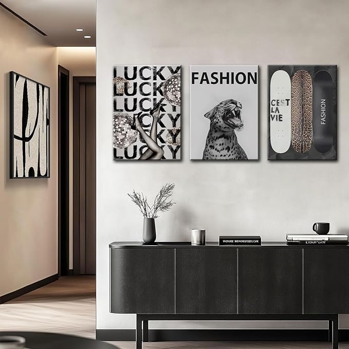 Trendy Leopard Canvas Wall Art Fashion Cheetah Lucky Skateboard Wall Decor Pictures Funky Vintage Preppy Luxury Aesthetic Posters Prints for Girly Bedroom Apartment Dorm Decoration 12x16in