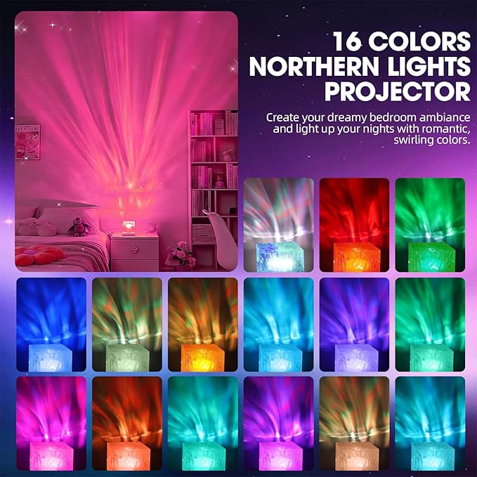 Northern Lights Projector, 16 Colors Aurora Cube Shower Lamp Projector with Remote and 3D Ocean Water Ripple Lamp for Bedroom, Galaxy Night Light for Playroom Kids Teen Girl Gift