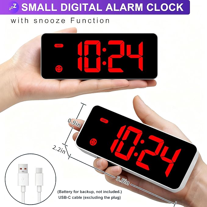 HODIK Alarm Clock for Kids Bedrooms, Small Digital Clock, 4 Dimmable Backlight, 3 Adjustable Volumes with Snooze (RED)