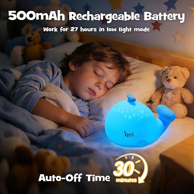 Whale Night Light Squishy Silicone Nursery Breastfeeding Nightlight with Timer 3-Level Warm White RGB Color Modes Cute Whale Lamp Rechargeable Touch Bedside Desk Sea Animal Lamp for Bedroom Dorm Decor