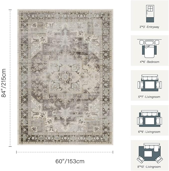 Rugxara 5X7 Washable Area Rug for Living Room, Vintage Large Boho Rugs for Office, Dining Room, Kids Room, Farmhouse, Durable Low Pile Non Slip Carpet for High Traffic Areas, Brown