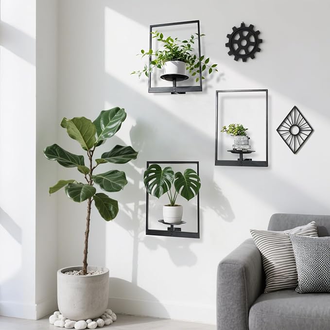 Plant Wall Shelf, Metal Modern Style Frame, Picture Wall Plant Holder, Plant Frames for Living Space Decor Display Stand for Living Room Balcony Garden Patio (3 PACK(BLACK ))
