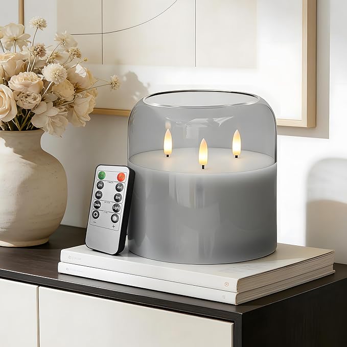 3 Wick Glass Flameless Candle with Remote and Timer, 6"x6" Extra Large Real Wax LED Pillar Candle Battery Operated with 3D Flickering Flame for Festival Wedding Home Party Decor (Gray)