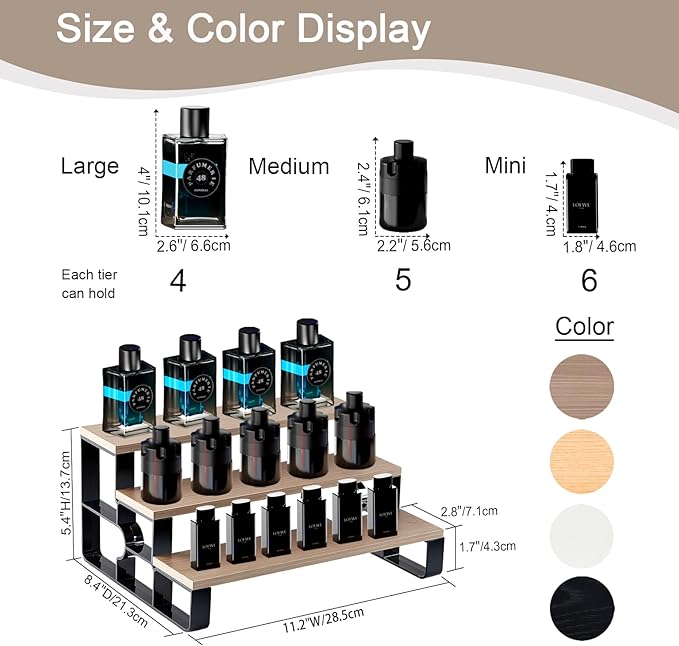 3 Tier Cologne Organizer for Men,Perfume Stand for Dresser,Makeup Organizer for Vanity,Display Riser Stand,Wooden Bathroom Countertop Stand for Bedroom,Dressing(Walnut,Width=11.2")