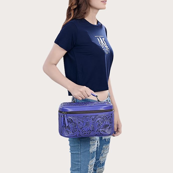 American Darling Western Hand Tooled Leather Jewelry Case | Handcrafted Travel Makeup Bag with Handle and Divided Interior