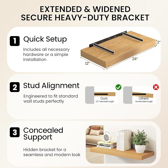 32Inch Oak Floating Shelves for Wall, 12 Inch Deep Shelves for Bedroom, Kitchen, Bathroom Wall Mounted, Rustic Wood Floating Shelf with Invisible Brackets for Books, Storage, Decor, 2 Packs