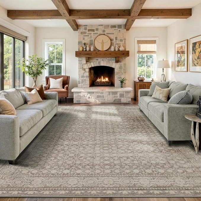 9x12 Washable Area Rug for Living Room, Extra Large Neutral Vintage Boho Rugs for Dining Room, Kids Room, Farmhouse, Durable Low Pile Non Slip Carpet for High Traffic Areas, Apricot