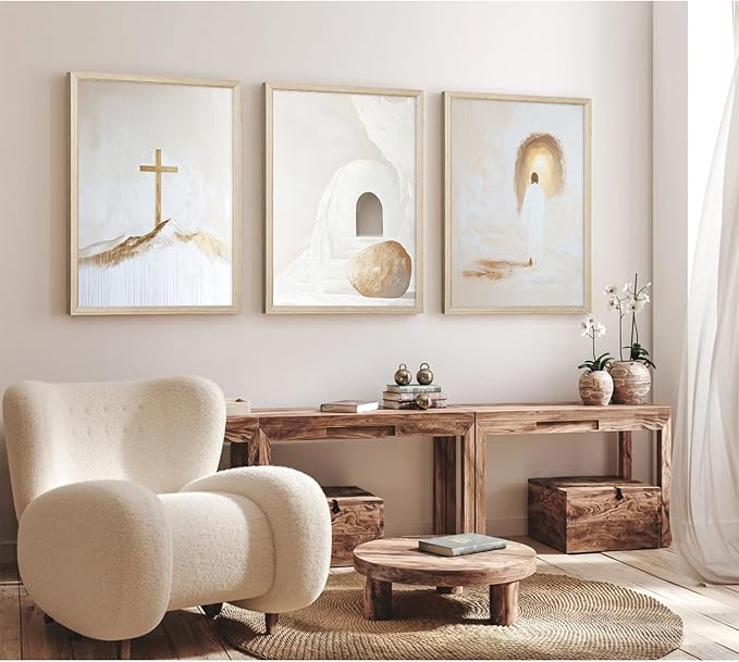 Jesus Christian Wall Art Gold Beige God Canvas Wall Decor He Is Risen Art Religious Christian Poster Modern Minimalist Cross Painting Artwork Jesus Picture Prints for Living Room 12x16x3 Inch Framed