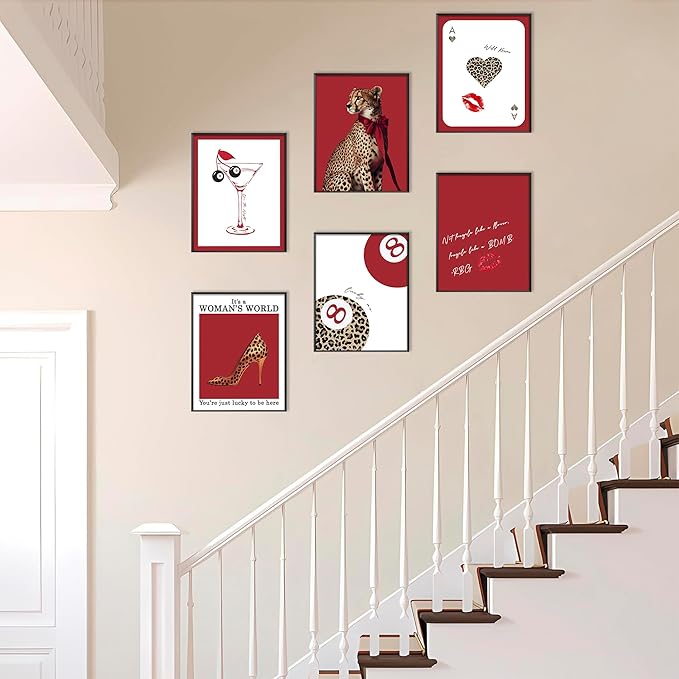 Eastern Print Trendy Red Leopard Wall Art, Set of 6 Cheetah Print Posters, Fashion & Empowerment Decor for Women’s Room, Girl Boss Bedroom Gallery Aesthetic, Unframed (8x10 inch)