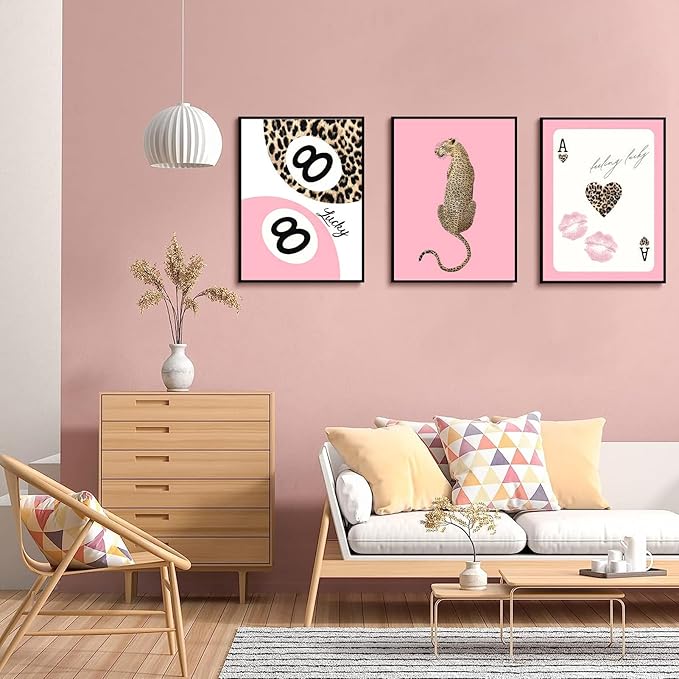 Set of 3 Trendy Pink Leopard Wall Art Cheetah Lucky 8 Ball Posters Prints Preppy Cheetah Aesthetic Wall Decor Pictures for Girly Bedroom Apartment Dorm Decoration Unframed 16x24in