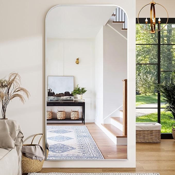 Full Length Mirror 86"x40" Arched Floor Standing Large Mirrors Full Body Mirror with Stand - with Aluminum Frame for Bedroom Living Room, Silver