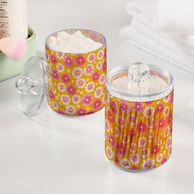 2 Pack Apothecary Jars Small Daisies in Pink Bathroom Vanity Storage Organizer Set,Small Clear Plastic Storage Jars Bathroom Canister for Cotton Swabs, Rounds, Balls, Qtips,Makeup Sponges, Flos