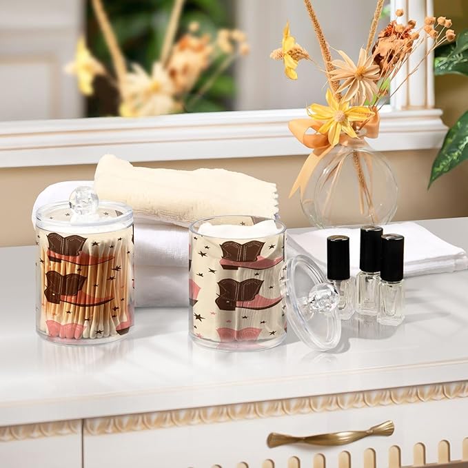 Nander 2Pack Beautiful Cowboy Boots Qtip Holder Dispenser -Clear Plastic Apothecary Jars Set - Restroom Bathroom Makeup Organizers Containers for Cotton Swab, Ball, Pads, Floss