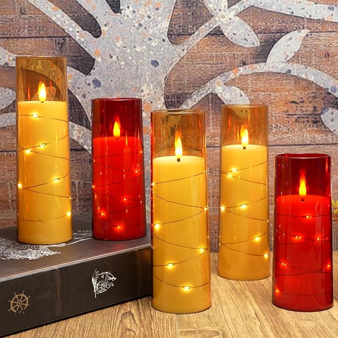 Eebuss Flameless Candles with Embedded Star String, Battery Operated LED Pillar Candles with Timer and Remote Control,Home Decorating for Ambiance， Set of 7 (Red)