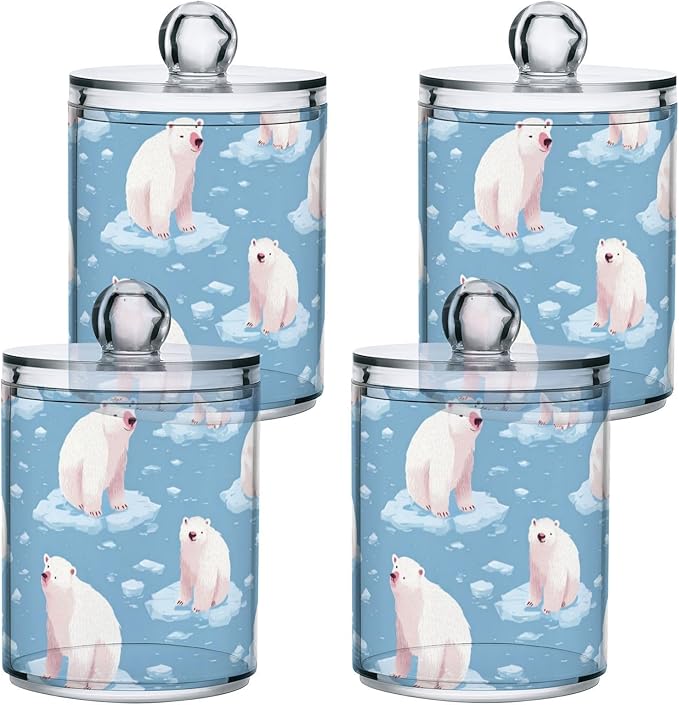 2 Pack Apothecary Jars Winter Blue Polar Bear Bathroom Vanity Storage Organizer Set,Small Clear Plastic Storage Jars Bathroom Canister for Cotton Swabs, Rounds, Balls, Qtips,Makeup Sponges, Flo